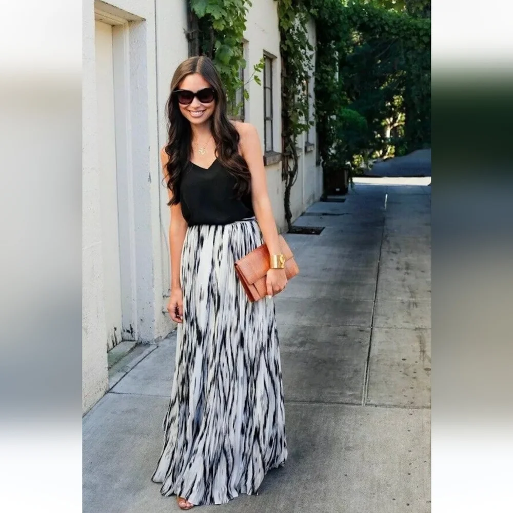 NWT || PARKER || Topanga, maxi skirt, size 0, pleated, lined, white, black, grey